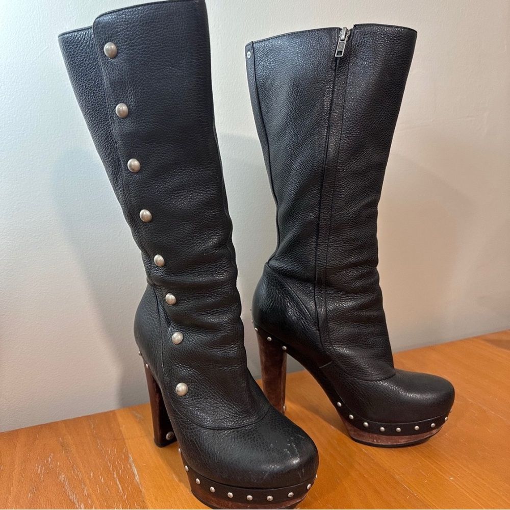 UGG Cosima Black Heeled Boots with Studded Platform